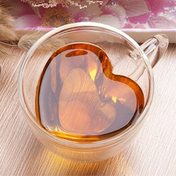 Heart Shaped Double Walled Insulated Glass Coffee Mugs or Tea Cups with Handle 